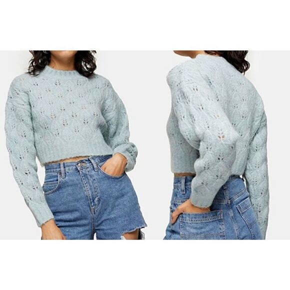 Topshop Sweater | Cropped Peekaboo Pointelle Pastel Blue Size US 4-6 UK S - Picture 13 of 14